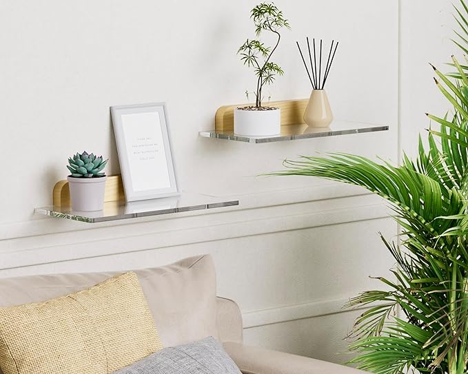Small Acrylic Floating Shelf for Wall, Clear Acrylic Wall Shelf with Solid Wood Base, Thick Minimalist Display Shelf for Bathroom, Bedroom,Plants, Perfume, Nail Polish,Living Room & Decor
