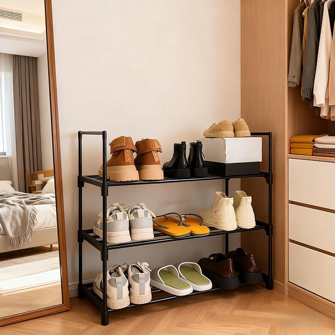 Shoe Rack Organizer, 3-Tier Reversible Metal Space Saving Shoe Storage Shelf - for Entryway, Closet, Front Door, Bedroom, Garage & Corridor-Closet Organizer, Garage Storage Shelves (Black)