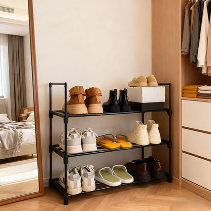 Shoe Rack Organizer, 3-Tier Reversible Metal Space Saving Shoe Storage Shelf - for Entryway, Closet, Front Door, Bedroom, Garage & Corridor-Closet Organizer, Garage Storage Shelves (Black)