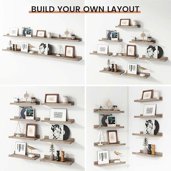 Floating Picture Ledge Shelves for Wall Set of 8, 16 Inch Wall Shelves with Lip Long Large Nursery Book Shelf for Toys Storage Kids Bookshelf Wall Mounted Living Room Bedroom Decor Frames