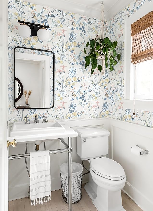 Erfoni 16.9" x197" Modern Floral and Birds Wallpaper Flower Removable Peel and Stick Wallpaper for Bedroom Decorative Self Adhesive Wall Paper Boho Floral Leaf Contact Paper for Accent Walls Covering