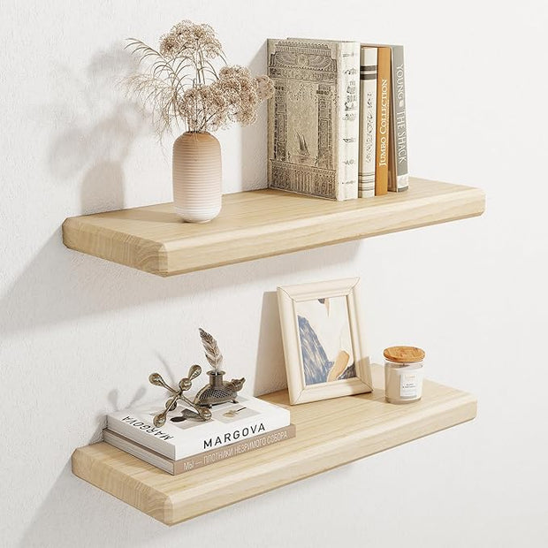 Axeman 24Inch Natural Wood Floating Shelves for Wall|Rustic Wooden Shelves for Bedroom Kitchen Bathroom|Storage Shelf with Invisible Bracket for Wall Mounted|Set of 2|Natural Color