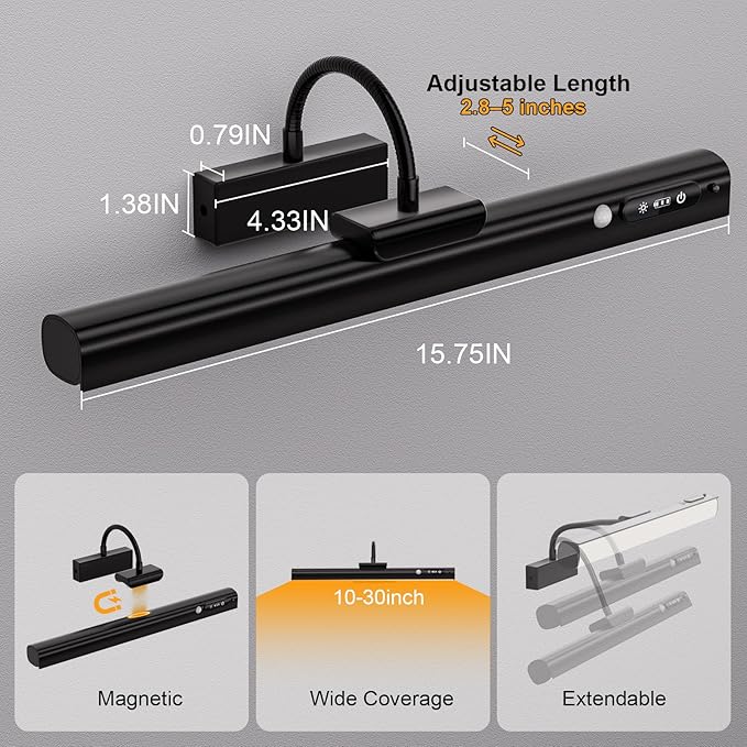 15.7'' Picture Lights for Wall with Motion Sensor, 9000mAh Rechargeable Battery Operated Poster Lights for Paintings, Portraits, Wall Decor, Black(2pcs)