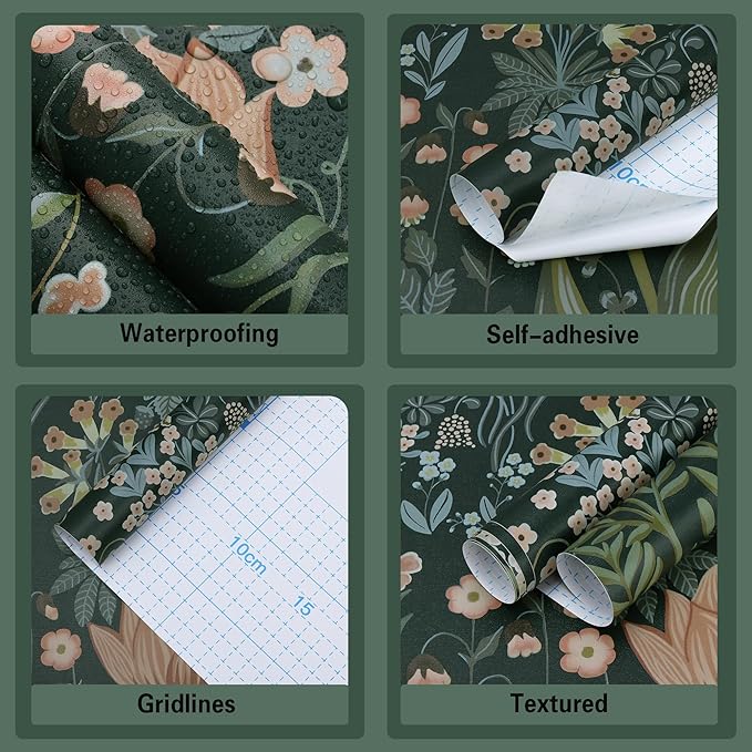 Peel and Stick Wallpaper Vintage Wall Paper Green Floral Contact Paper Removable Wallpaper 17.3