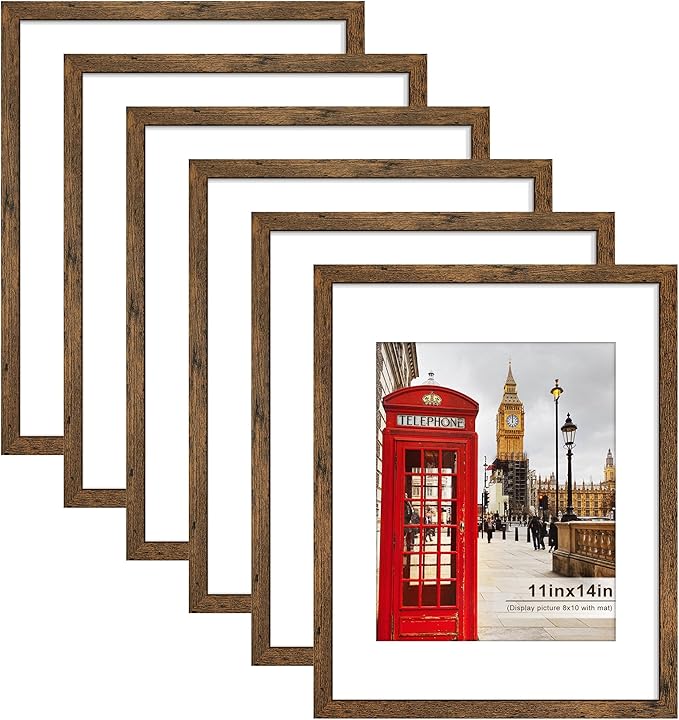 PEALSN 11x14 Picture Frame Set of 6, Display Pictures 8x10 with Mat or 11x14 without Mat for Wall Mounting or Table Top Display, Photo Frames Collage for Wall Decor, Rustic Brown