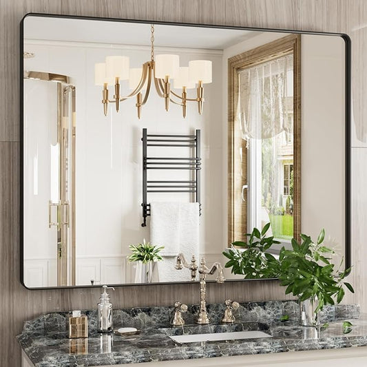 Black Bathroom Mirror 48X36 Inch, Black Metal Framed Mirror for Wall, Rounded Rectangle Matte Bathroom Vanity Mirror with Tempered Glass, Anti-Rust, Horizontal/Vertical