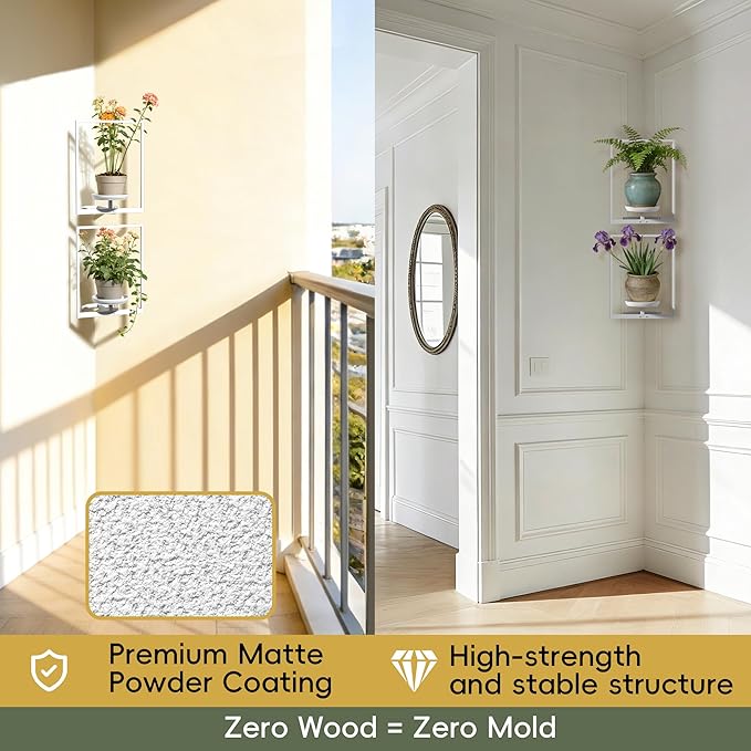 BXF Corner Wall Planters for Indoor Plants, 90 Degree Floating Shelves. Heavy Duty Mounted Holder, Minimalist Hanging Decor. Window Shelf Fits 4-7 Inch Pots (White, Frame 2 Pack)
