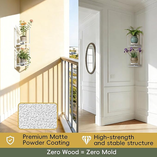 BXF Corner Wall Planters for Indoor Plants, 90 Degree Floating Shelves. Heavy Duty Mounted Holder, Minimalist Hanging Decor. Window Shelf Fits 4-7 Inch Pots (White, Frame 2 Pack)