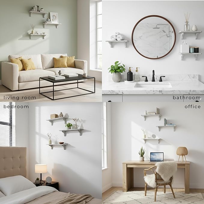 Willowy Real Wood Rustic White Farmhouse Wall Shelves - 17 inch (3 Pack) - Easy to Install, Template and Video Included - White Washed Floating Shelves, Antique Floating Shelves