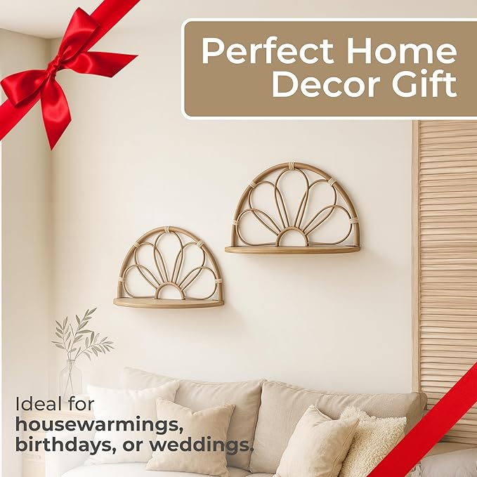 Set of 2 Arched Flower Decorative Wall Shelves – Boho Home Decor Floating Display Shelf – Metal & Wood Modern Wall Shelves for Office, Bedroom & Living Room – 11" & 13", Brown