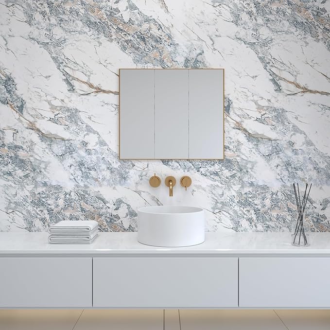 394x48inch Wide White Blue Marble Paper kitchen Granite Countertops Laminate Contact Paper Waterproof peel and stick Wallpaper Removable Vinyl Wrap Bathroom Counter Wall Top Sticker Pvc Marble Papers