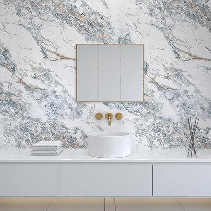 394x48inch Wide White Blue Marble Paper kitchen Granite Countertops Laminate Contact Paper Waterproof peel and stick Wallpaper Removable Vinyl Wrap Bathroom Counter Wall Top Sticker Pvc Marble Papers