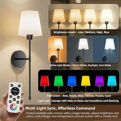 Wall Sconces Battery Operated Set of 2, Rechargeable Wall Sconce, 10 Colors Wireless Wall Sconces Set of Two, 5200mAh Dimmable Bulbs and Remote, for Bedroom Living Room, Hallway Decor (Black- 24 inch)