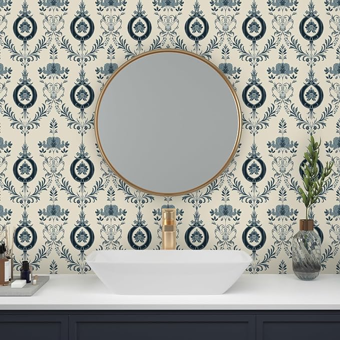 Blue Floral Wallpaper Peel and Stick Vintage Damask Contact Paper 17.5"X118" Vinyl Waterproof Self Adhesive Removable Light Blue Scroll Traditional Style Wall Paper for Bedroom Living Room Cabinets