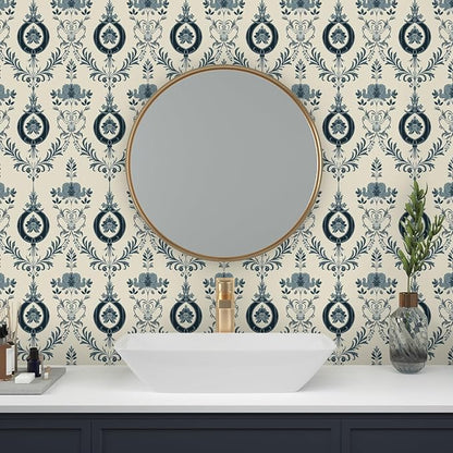 Blue Floral Wallpaper Peel and Stick Vintage Damask Contact Paper 17.5"X118" Vinyl Waterproof Self Adhesive Removable Light Blue Scroll Traditional Style Wall Paper for Bedroom Living Room Cabinets