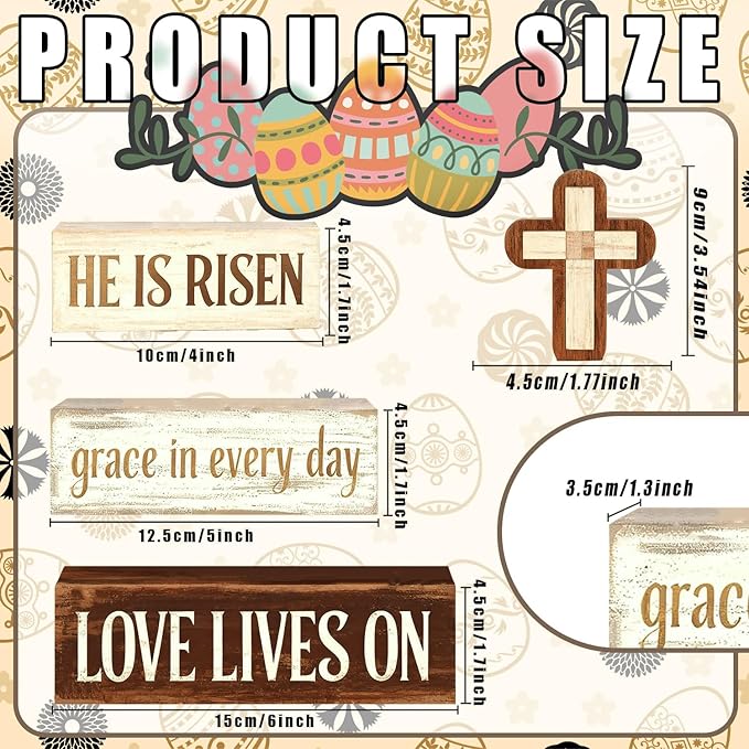 Easter Decorations - He Is Risen Cross Tiered Tray Decor - Religious Easter Wooden Tabletop Sign - Faith Farmhouse Easter Home Decor for Shelf Mantel Indoor - Spring Home Decor for Living Room, Kitchen Counter