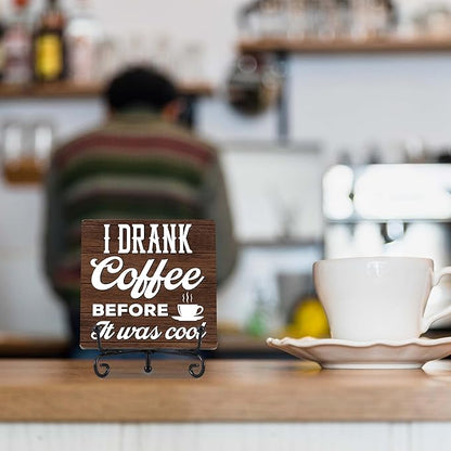 Coffee Bar Decor, Farmhouse Kitchen Table Decor, Coffee Station Accessories, Wooden Decorative Sign with Iron Stand for Table Desk Shelf Display-E13
