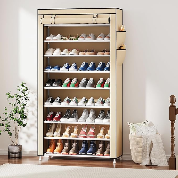 Laiensia 9-Tier Shoe Rack ，Space Saving Shoe Storage Organizer Non-Woven Cover Shoe Shelf Holds 36-45 Pairs for Bedroom, Hallway, Entryway, Beige