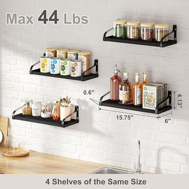 Love-KANKEI Black Floating Shelves for Wall Set of 4, 15.7 Inch Wood Wall Shelves with Bracket, Rustic Hanging Shelves for Bathroom, Bedroom, Kitchen,Living Room, Office Display