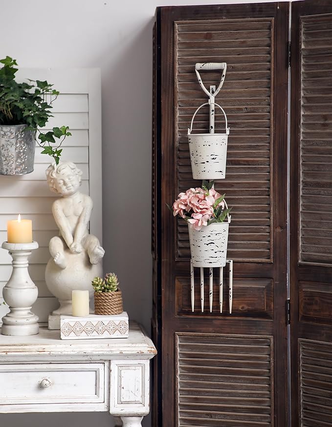 SOFE Farmhouse Wall Flower Pot, Distressed White Wall Planter Pitchfork Shaped, Metal Hanging Planter, Indoor Plant Hanger Vertical Garden Planter, Unique Planters Outdoor Wall Decor