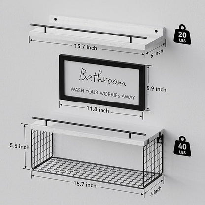 WOPITUES Floating Shelves for Wall Decor Sign, Bathroom Organizer and Storage, Bathroom Shelves Over Toilet with Metal Guardrail-Modern White
