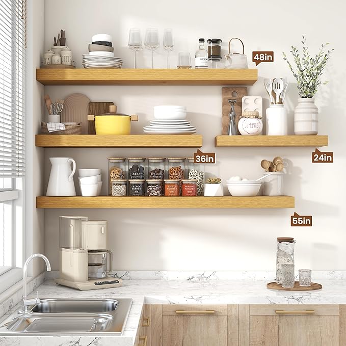Heimlove Floating Shelves for Wall 55 Inch Long,Extra Large and Thick Wood Shelves Mounted Storage Hanging Shelf Invisible Bracket for Bedroom,Living Room,Kitchen,Office,Set of 2,Oak