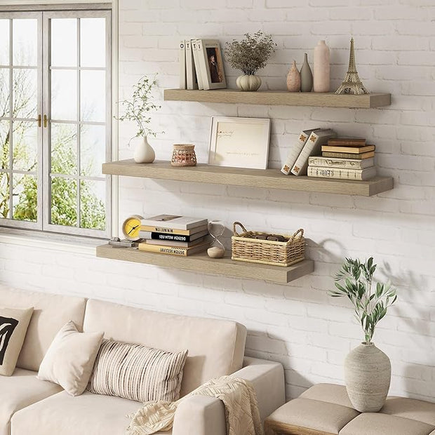 Marsmiles 30 Inch Floating Shelves | 9.3 Inch Deep Grey Wood Wall Shelves Set of 2 | Rustic Reclaimed Wood Shelves for Room Wall | Farmhouse Floating Shelves for Living Room Bathroom