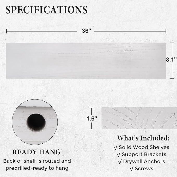 Axeman Floating Shelves, 8 Inch Deep Rustic Solid Wood Wall Shelves for Storage, Wall Mounted Display Shelving with Invisible Heavy-Duty Metal Bracket, 36
