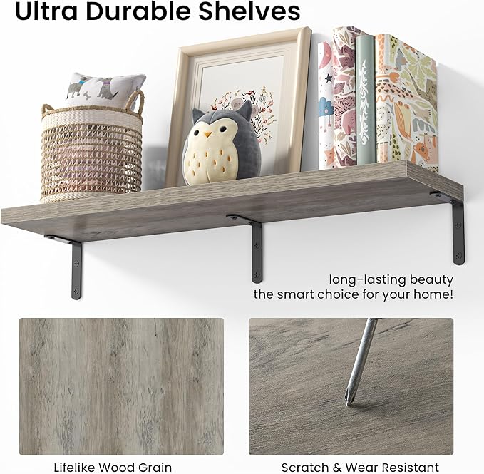 Marsmiles Extra Wide Floating Shelves for Wall, 48x8 Inch Natural Wood Grain Bookshelves, Heavy Duty Mounted Shelving for Bathroom, Kitchen, Living Room, Bedroom,Set of 2，Grey