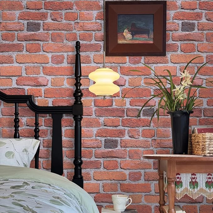 Abyssaly Brick Peel and Stick Wallpaper - Red Brown Brick Wrapping Paper Contact Paper - Faux Stone Wallpaper for Fireplace Kitchen Party Decoration 17.5