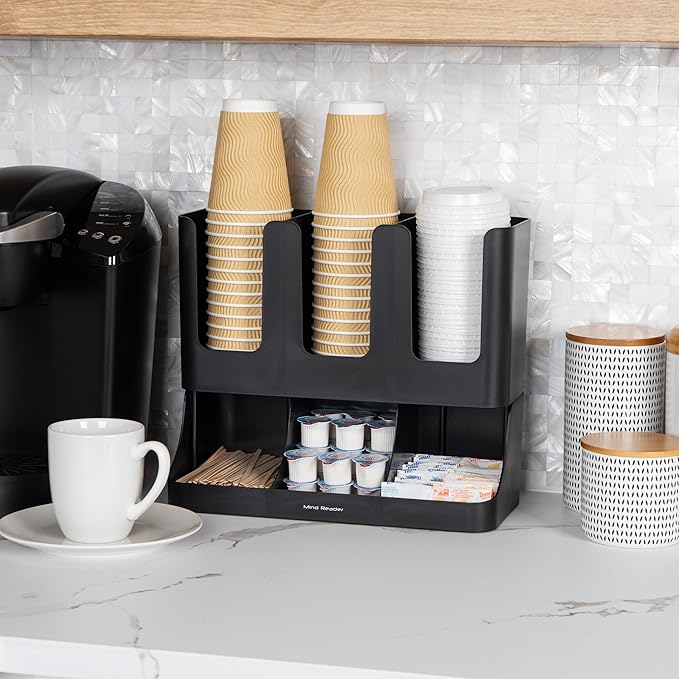Mind Reader Cup and Condiment Station, Countertop Coffee Bar Organizer with 6 Compartments, Storage Caddy for Cups Lids and Packets, Plastic, Black