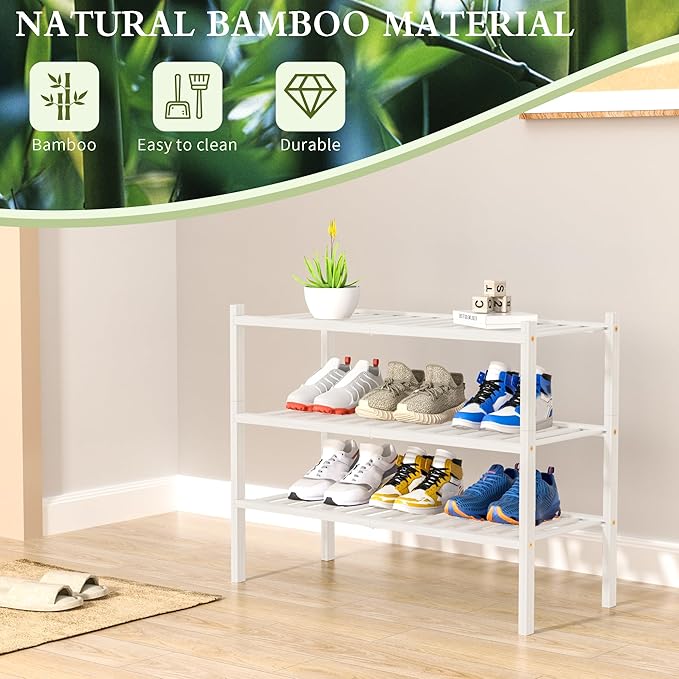 3 Tier Bamboo Shoe Rack for Closet Free Standing Wood Shoe Shelf Storage Organizer for Entryway Small Space Stackable 27