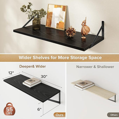 Deep Floating Shelves Wall Mounted, 30"x12" Black Wall Shelves with Brackets Set of 2 for Bedroom, Living Room, Bathroom, Kitchen, Office - Storage & Display Shelf for Decor, Books, Plants