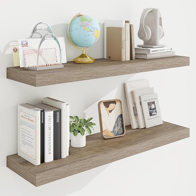 36in Floating Shelves for Wall, 36"W x 9.25"D x 1.25"H, 2 Pack Long Wall Mounted Engineered Wood Shelves with Invisible Brackets for Living Room, Bedroom, Bathroom, Kitchen Decor and Storage, Grey