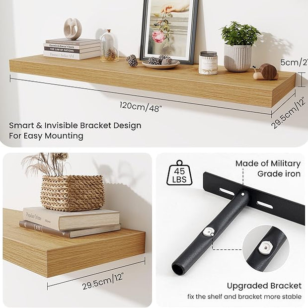 Fun Memories 48 Inch Floating Shelves for Wall - 12 Inch Deep Fireplace Mantel Shelf - Wood Floating Shelf for Wall - Large Storage Shelves Wall Mount for Living Room & Bedroom - Oak - Set of 2