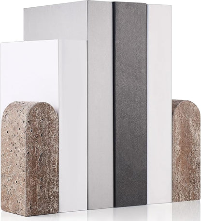 2 Pcs Travertine Natural Marble Bookends for Shelves, Decorative Book Ends Solid Bookends Heavy Duty Book Holders, Bookshelf Decor for Home Study Bathroom Kitchen Cd Video Games (Grey)