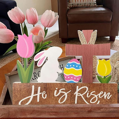 He is Risen Wood Block Table Sign Wooden Bunny Tulips Cross Table Top Decorations Tiered Trays Desk Shelf Easter Home Office Coffee Bar Decor 6 Pieces