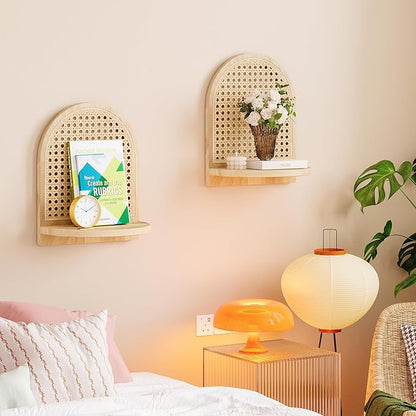 Arched Rattan Wall Shelf - Boho Rattan Floating Shelf with Grooved Edge, Unique Small Display Shelves, Natural Pine Wood Wall Decor for Bedroom, Living Room, Nursery Room, Set of 2, Natural