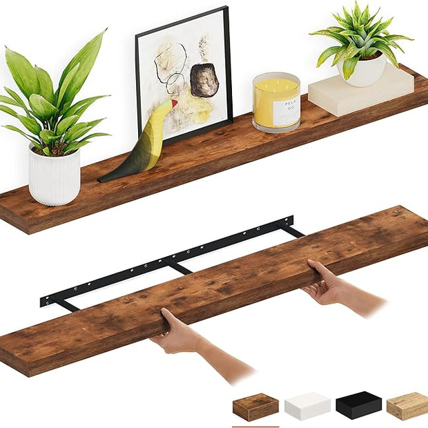 Ballucci Floating Shelves, 55" Wood Wall Shelf Set of 2, with Invisible Brackets for Bathroom, Living Room, Bedroom, Kitchen, Nursery, 6" Deep, Rustic Brown