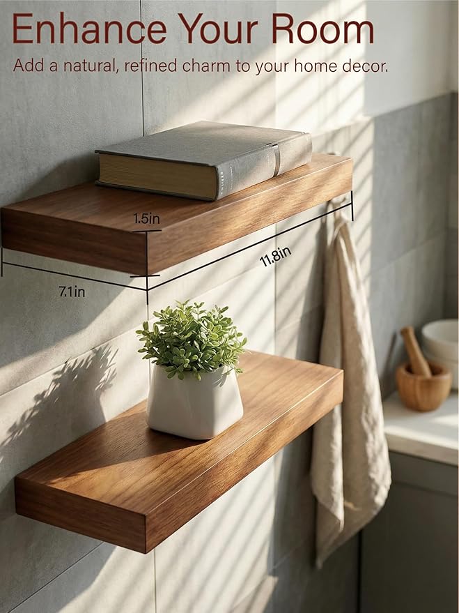 Solid Wood Floating Shelves,11.8in Finished Real Wood Wall Shelves with Heavy-Duty Hidden Bracket, Easy Installation, Set of 2, 11.8in x 7.1in x 1.5in, for Living Room Bedroom Kitchen,Bronze