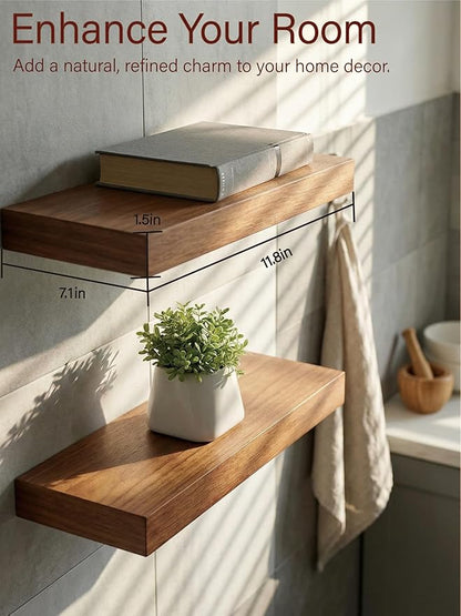 Solid Wood Floating Shelves,11.8in Finished Real Wood Wall Shelves with Heavy-Duty Hidden Bracket, Easy Installation, Set of 2, 11.8in x 7.1in x 1.5in, for Living Room Bedroom Kitchen,Bronze