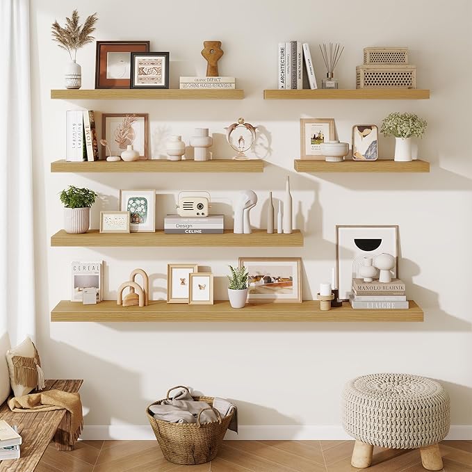 Fun Memories Floating Shelves for Wall, 30 Inch Long Floating Shelves Set of 2, 30 x 10 Wooden Shelves for Wall, Large Storage Shelves, Hanging Shelves for Bathroom Kitchen Bedroom, Oak