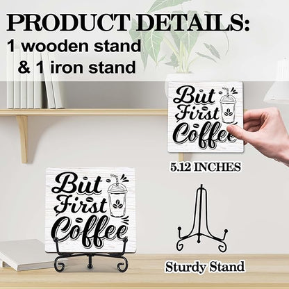 Coffee Bar Decor, Farmhouse Kitchen Table Decor, Coffee Station Accessories, Wooden Decorative Sign with Iron Stand for Table Desk Shelf Display-E23