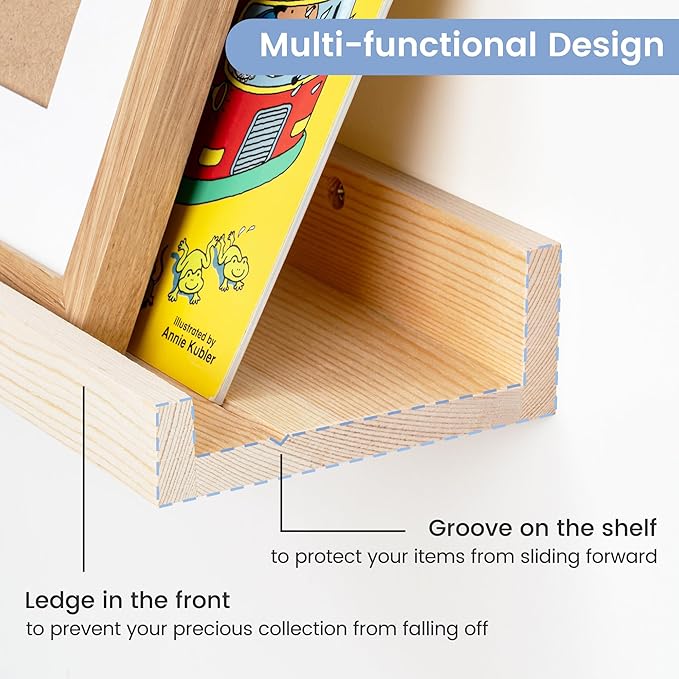 Picture Ledge Shelf for Wall, 36 inches Solid Pine Wood Nursery Book Shelves 3 Packs, Floating Ledge Shelves for Kids' Room Bedroom Bathroom Living Room Photo Frames Office Nursey Wall Decor, Natural