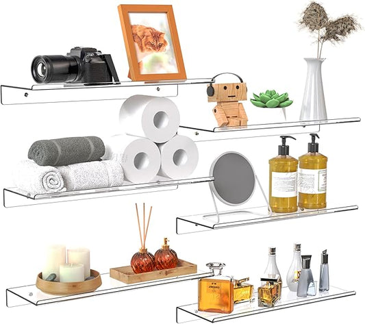 Clear Acrylic Floating Shelves Set of 2 for Lego Sets Funko Pop Collectibles Kids Bookshelf Figures Plant Picture Photo Modern Wall Ledge Floating Shelf for Bedroom Decor Living Room Wall Shelf