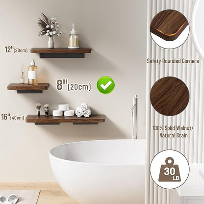 Danpoo Solid Walnut Floating Shelf, 8 inch Small Natural Wood Wall Mounted Shelf for Bathroom, Kitchen, Bedroom, Living Room, Farmhouse Decor