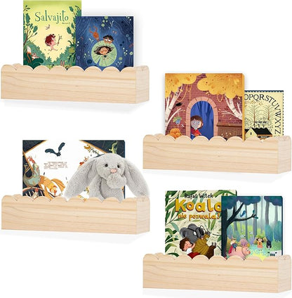 Wood Floating Shelves for Wall,Nursery Bookshelf,Kids Book Shelf,Baby Toys Storage Decor Organizer Wall Mounted for Living Room Bedroom,Wavy Edge,Preassembled,4 Pack,Scalloped Pine(Natural Wood)