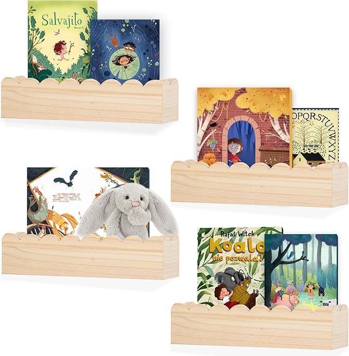Wood Floating Shelves for Wall,Nursery Bookshelf,Kids Book Shelf,Baby Toys Storage Decor Organizer Wall Mounted for Living Room Bedroom,Wavy Edge,Preassembled,4 Pack,Scalloped Pine(Natural Wood)