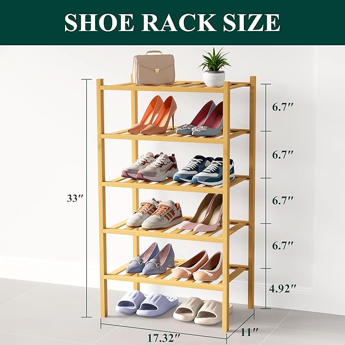 Smiry Bamboo Shoe Rack for Closet, 5 Tier Small Wooden Stackable Shoe Organizer, Free Standing Shoes Storage Shelf for Entryway, Front Door Entrance, Natural