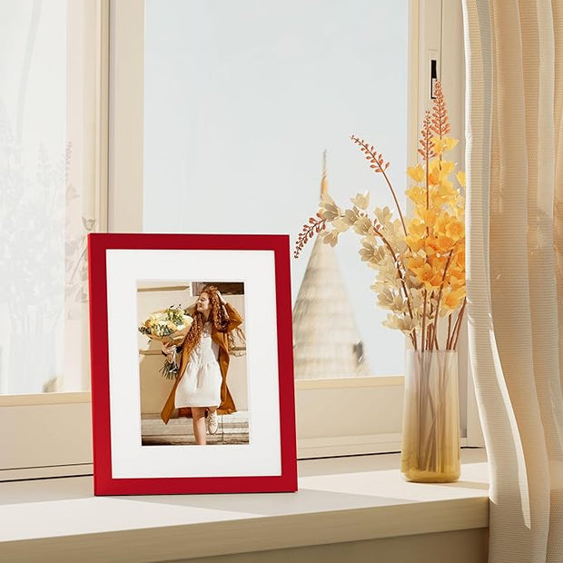 Vittanly 8x10 Picture Frame Set of 4, Display Pictures 5x7 with Mat or 8x10 without Mat, Gallery Wall Frame Set for Wall or Tabletop Display, Engineered Wood with Shatter Resistant Plexiglass, Red